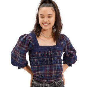 Women's S NWT AE Lace Puff-Sleeve Blouse Plaid Square Neck Bubble Hem